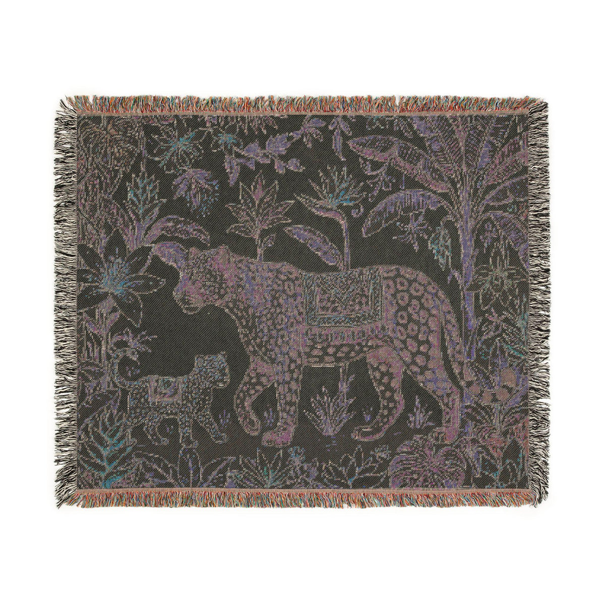 Leopard & Cub Floral Tapestry Woven Blanket | Boho Jungle Animal Throw