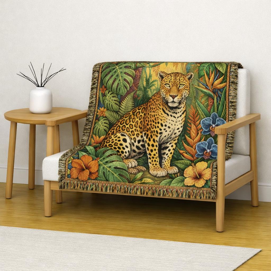 Jungle Leopard Woven Blanket | Tropical Animal Tapestry Throw
