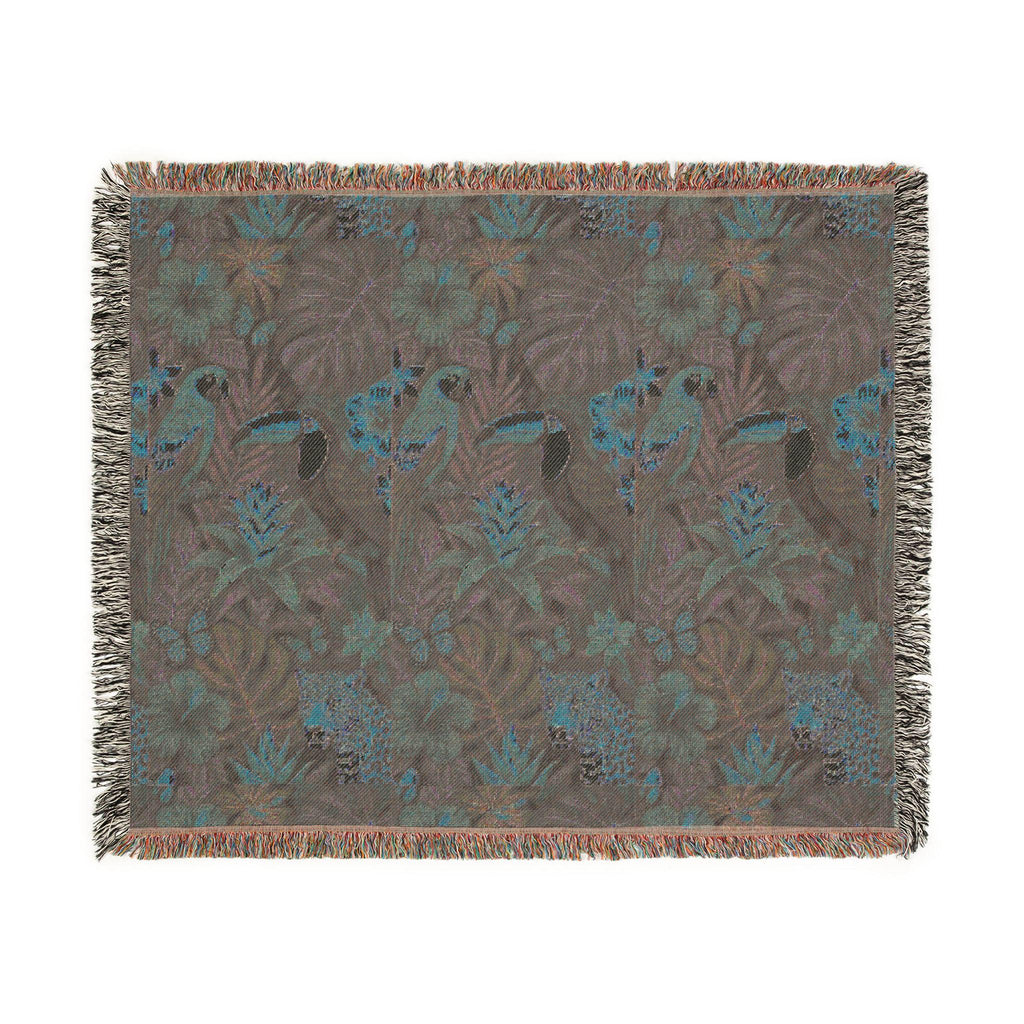 Tropical Toucan Floral Woven Blanket | Jungle Leaves Tapestry Throw