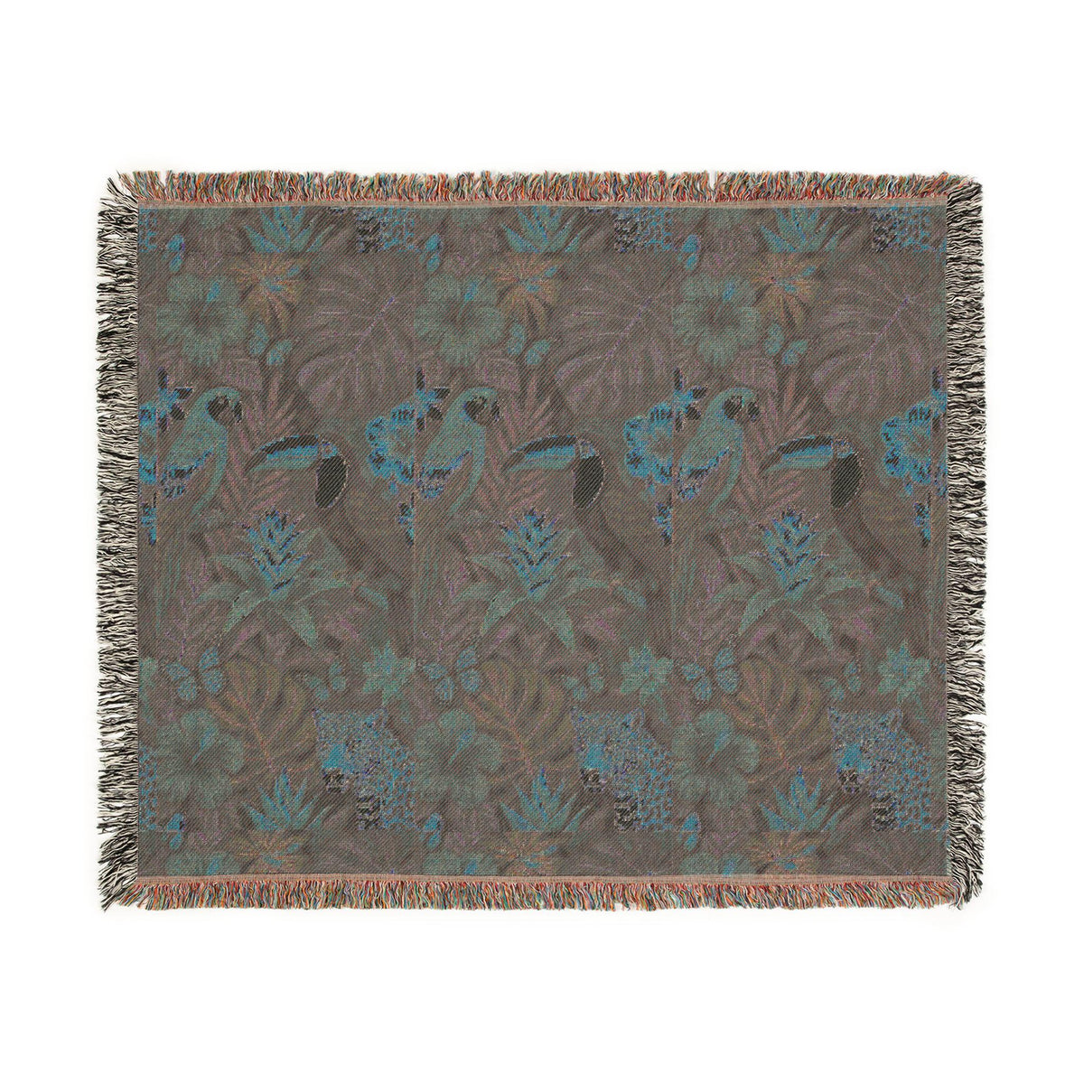 Tropical Toucan Floral Woven Blanket | Jungle Leaves Tapestry Throw
