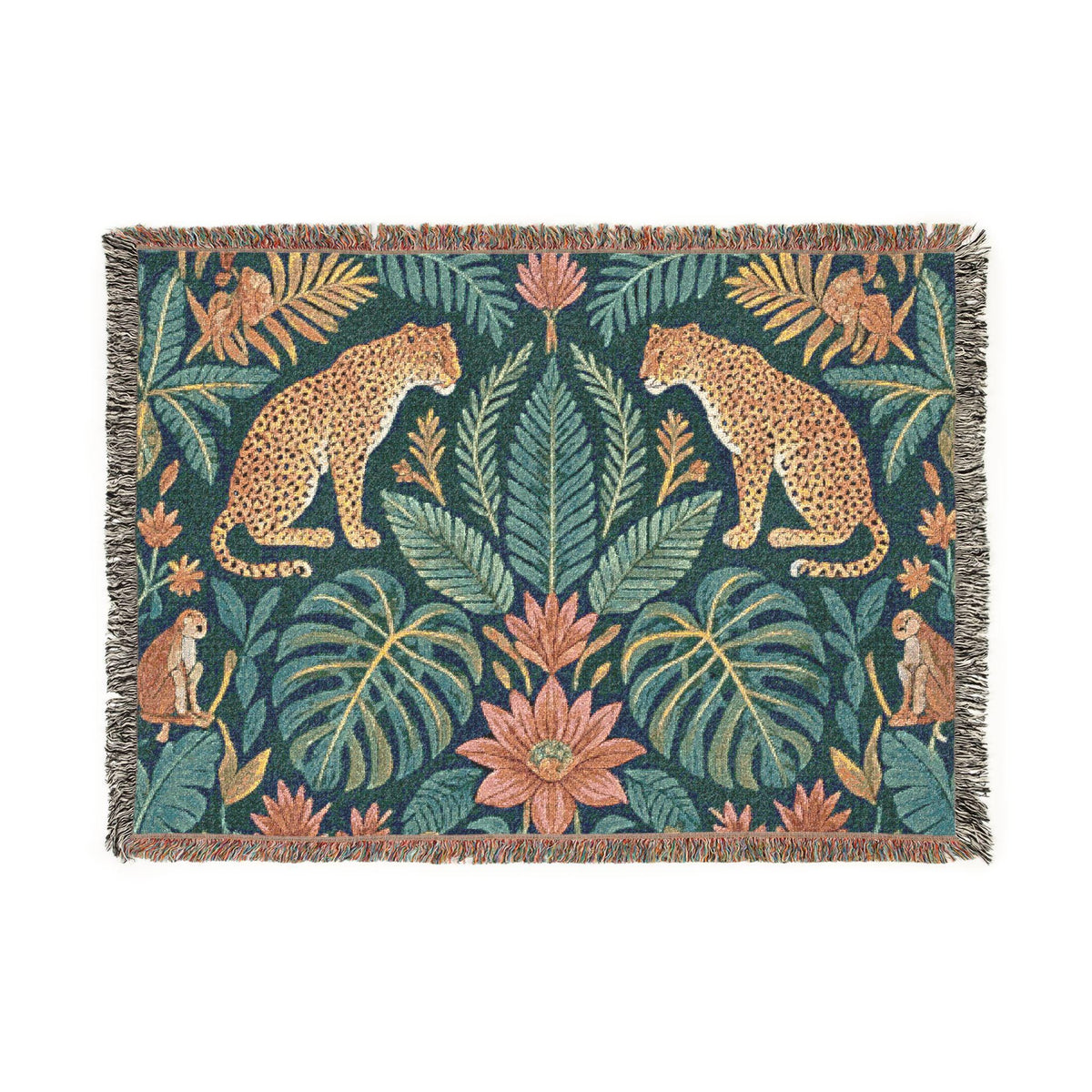 Tropical Leopard Jungle Woven Blanket | Botanical Throw, Tapestry Style