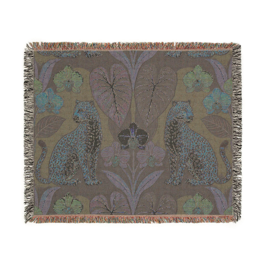 Leopard Botanical Woven Blanket | Tropical Leaves, Orchid Motif