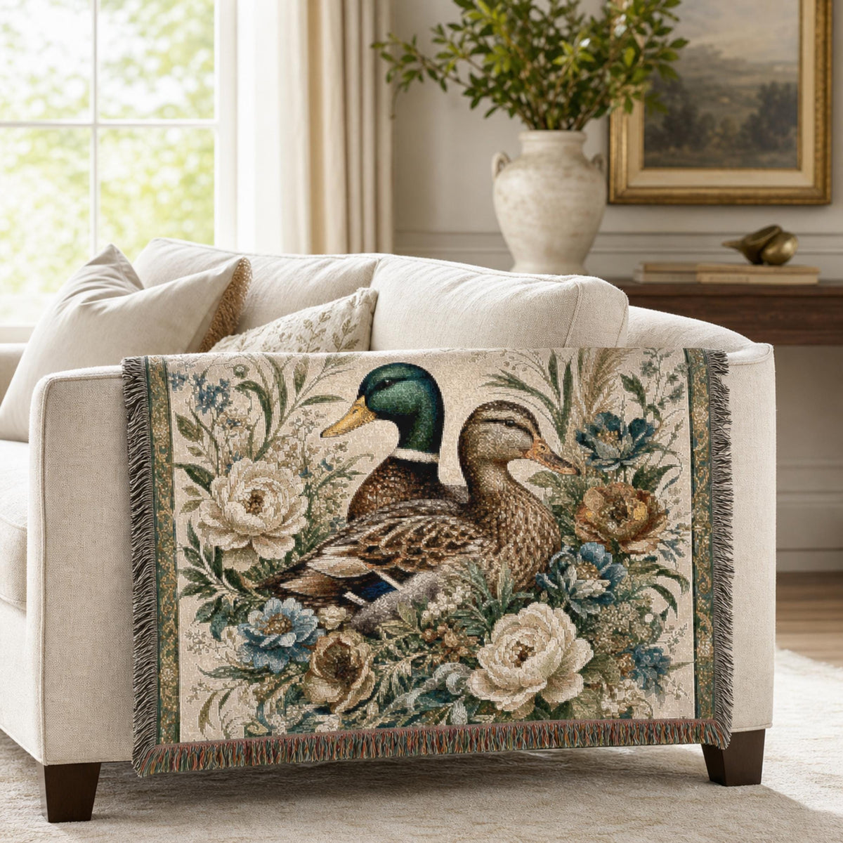 Mallard Duck floral tapestry Woven Blanket | Vintage Bird Throw Blanket