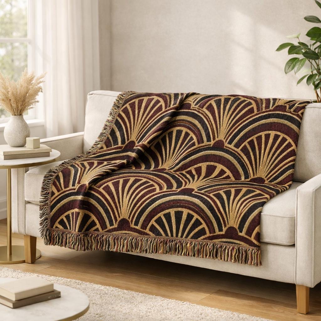 Art Deco Fan Pattern Woven Blanket | Geometric Throw, Vintage 1920s Inspired