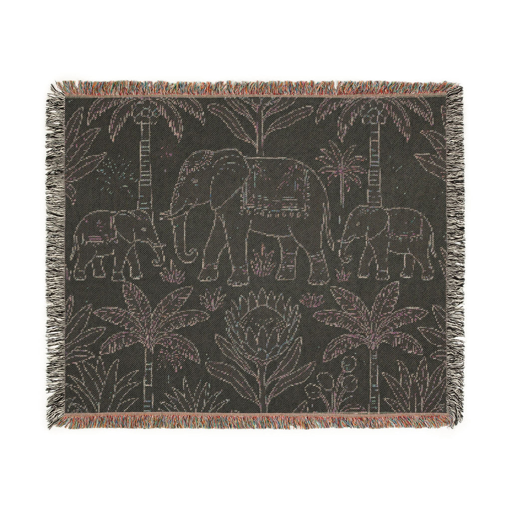 Boho Elephant Family Woven Blanket | Tropical Palm Tapestry Throw