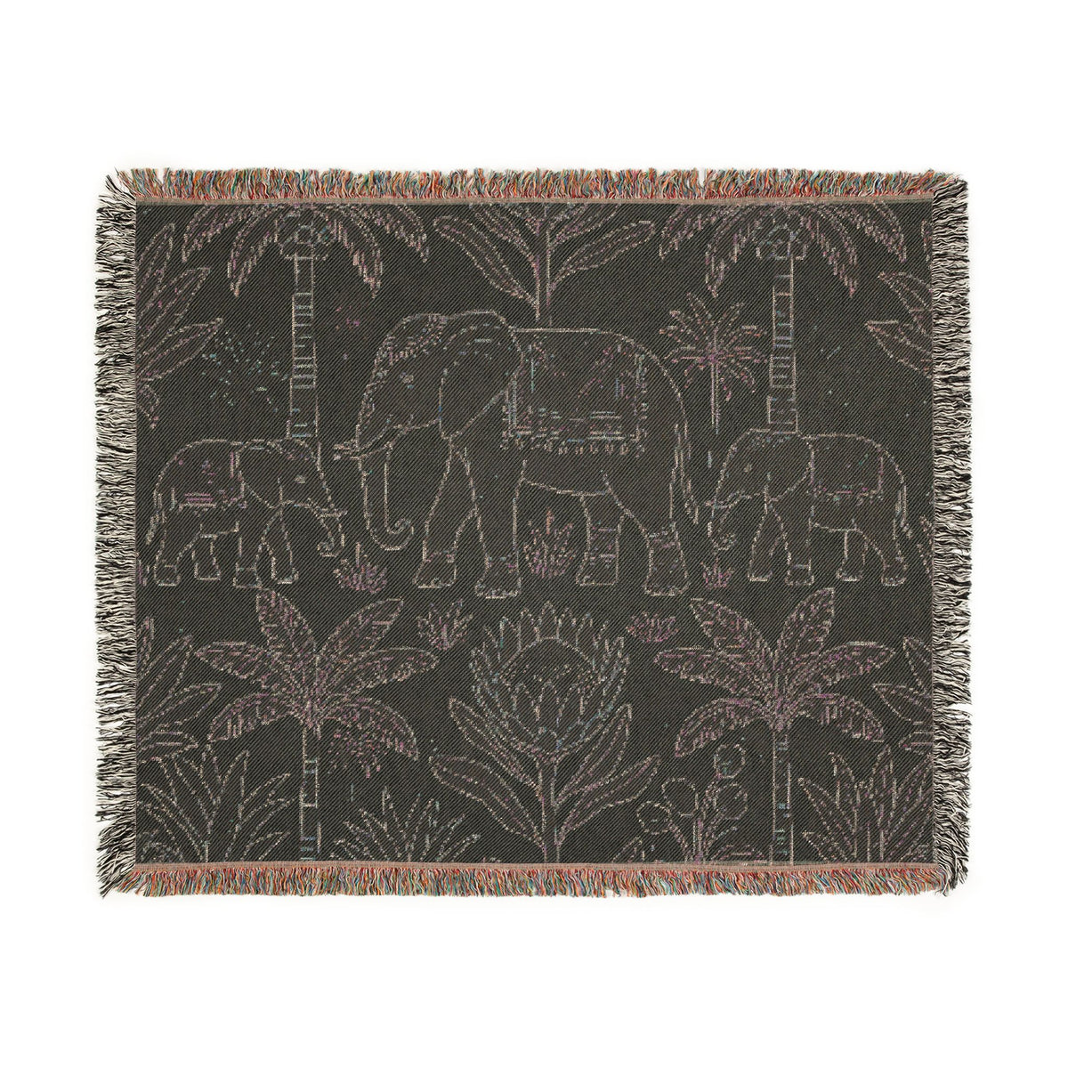 Boho Elephant Family Woven Blanket | Tropical Palm Tapestry Throw