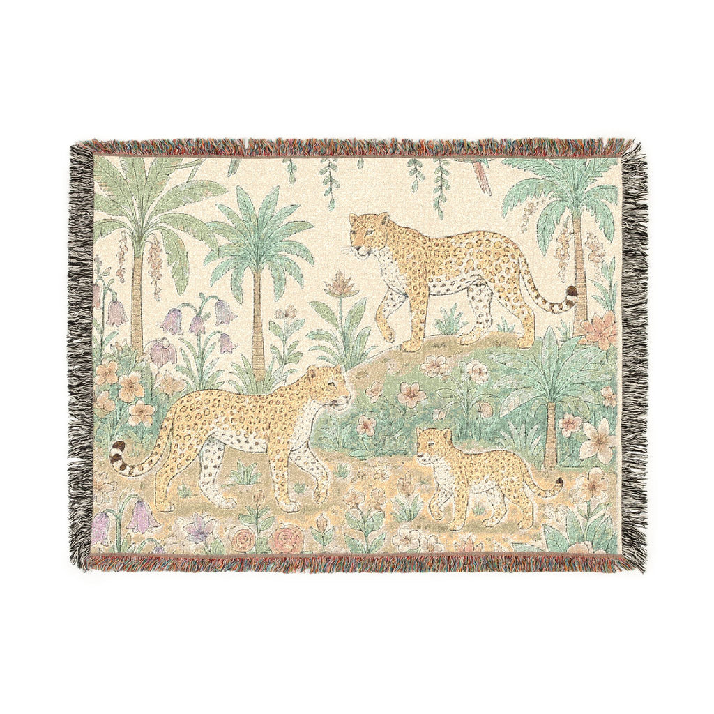 Jungle Leopard Tapestry Woven Blanket | Tropical Palm Animal Throw