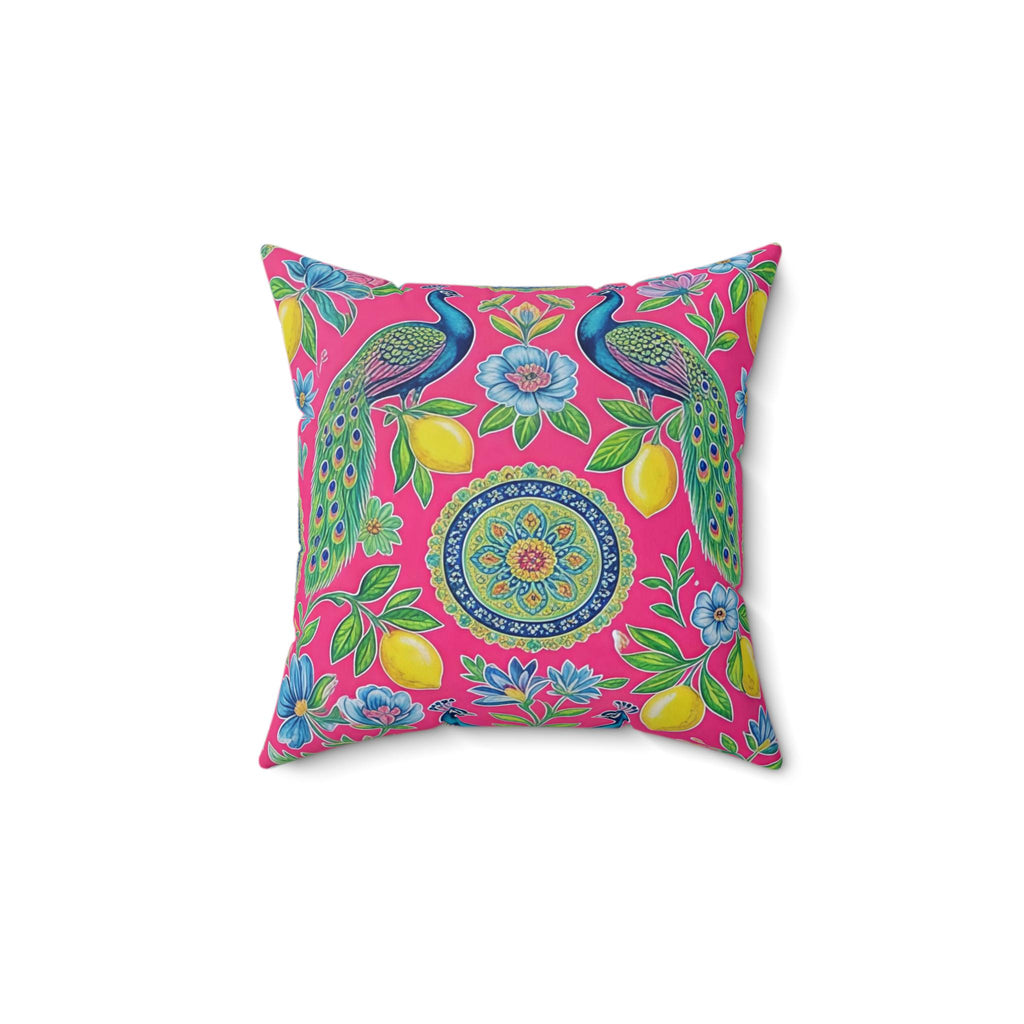 Peacock Lemon Floral Pillow | Bright Pink Decorative Throw Pillow
