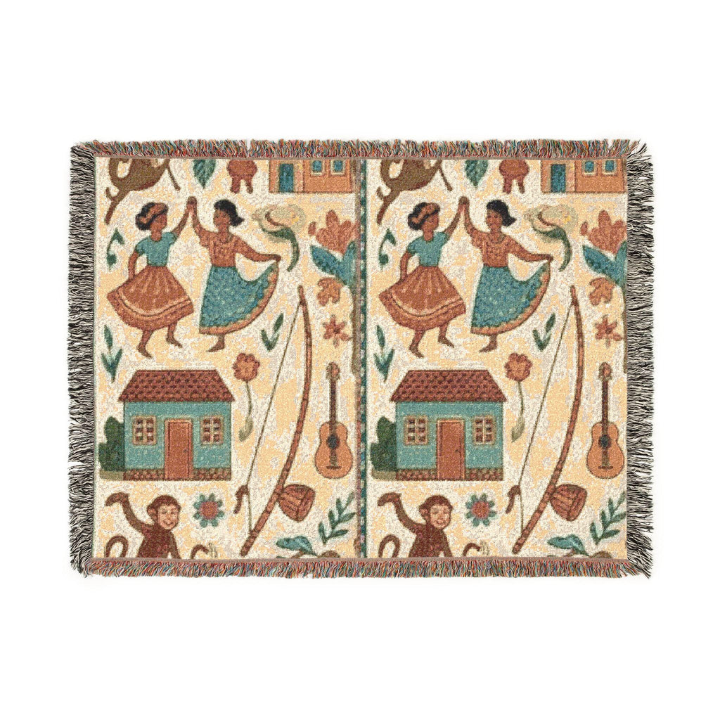 Folk Dance Pattern Woven Blanket | Southwestern House and Guitar Throw