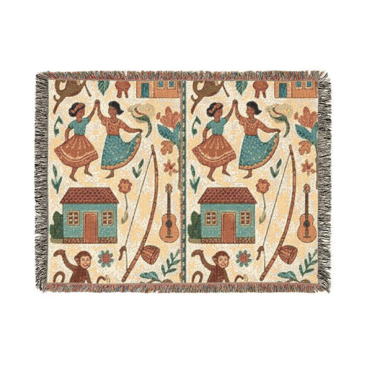 Folk Dance Pattern Woven Blanket | Southwestern House and Guitar Throw
