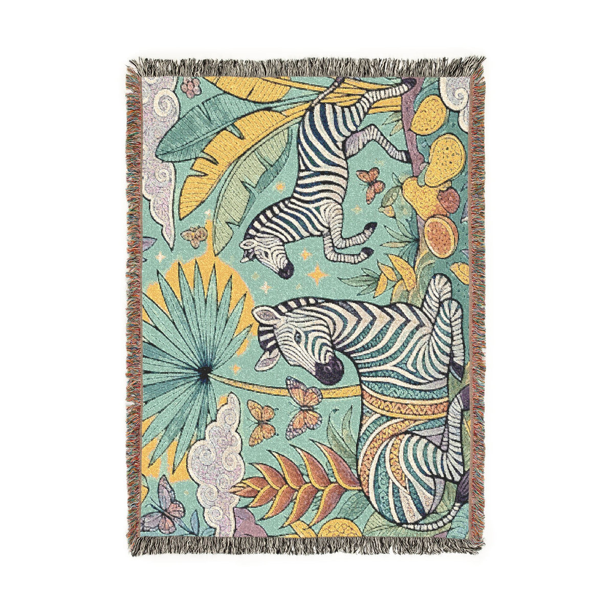 Jungle Zebras Woven Blanket | Tropical Animal Tapestry Throw