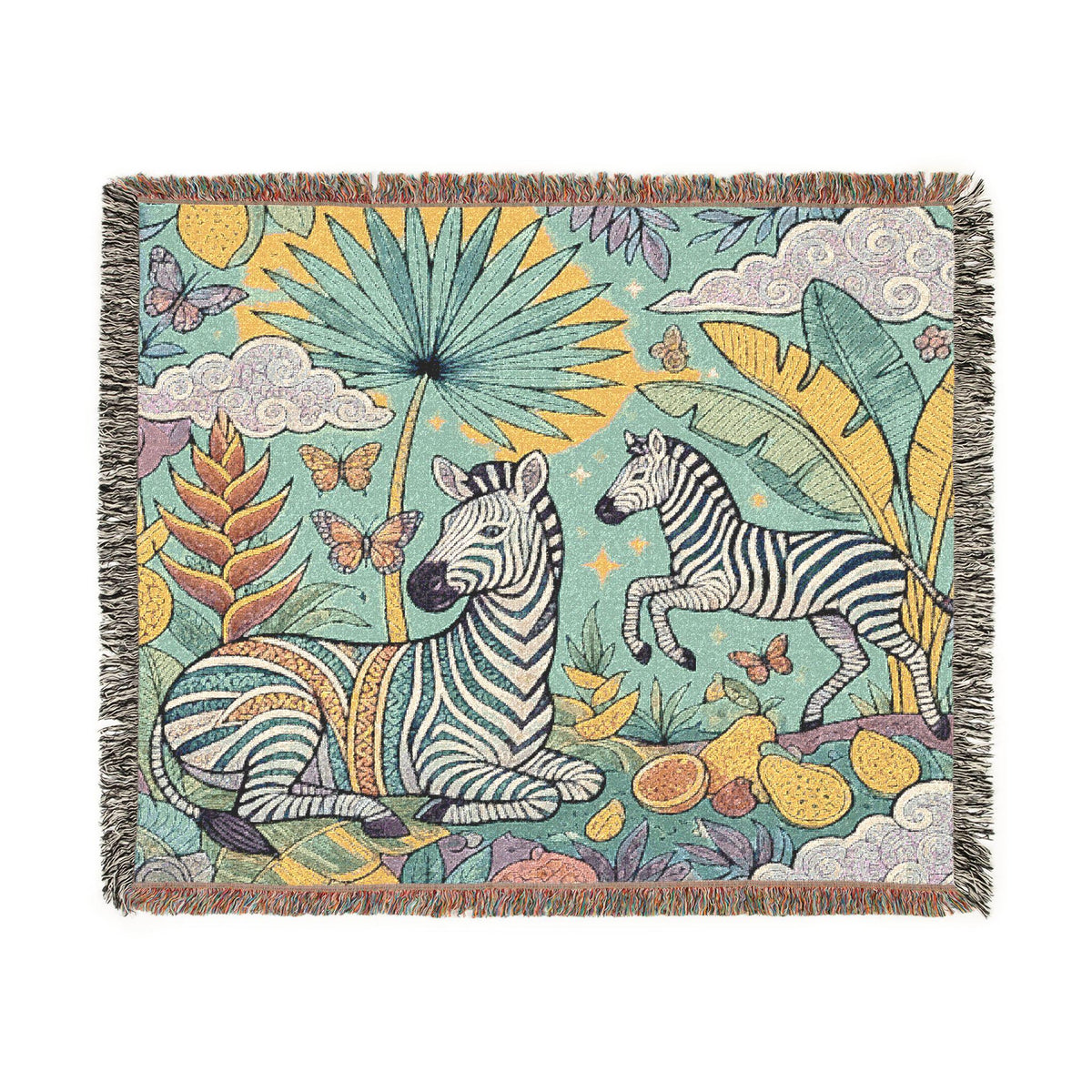 Jungle Zebras Woven Blanket | Tropical Animal Tapestry Throw
