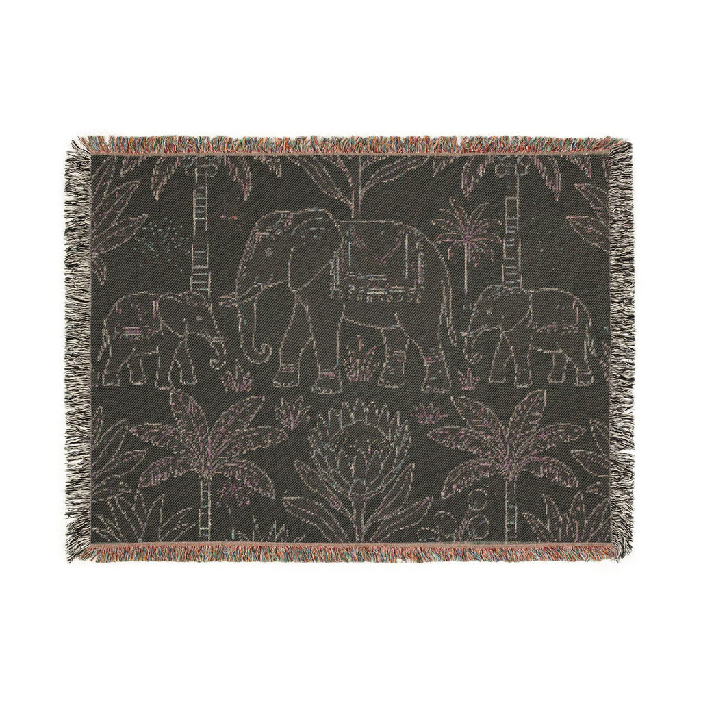Boho Elephant Family Woven Blanket | Tropical Palm Tapestry Throw
