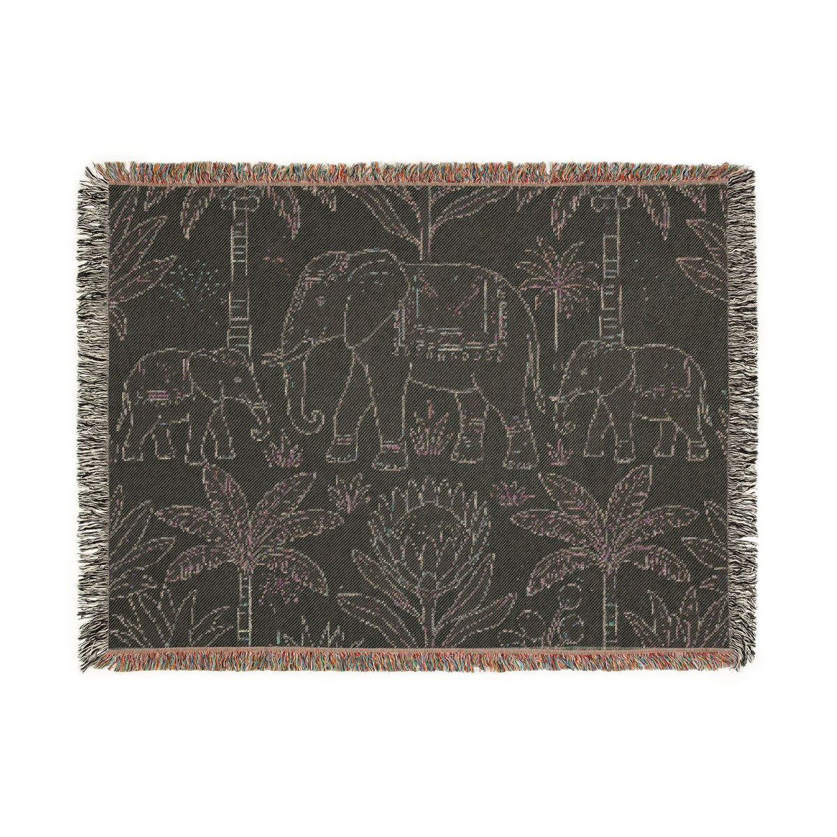 Boho Elephant Family Woven Blanket | Tropical Palm Tapestry Throw