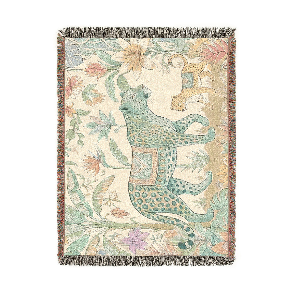 Leopard & Cub Floral Tapestry Woven Blanket | Boho Jungle Animal Throw