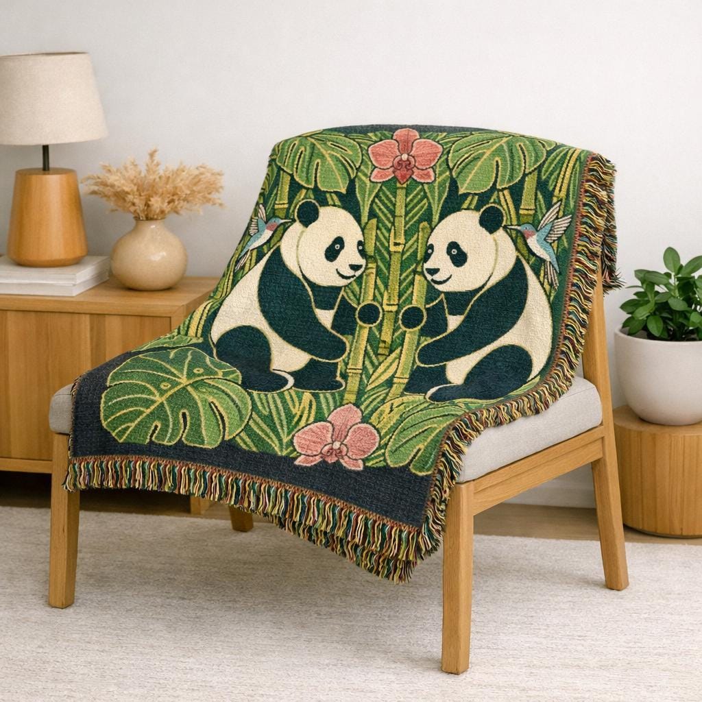 Art Nouveau Panda Woven Blanket | Bamboo Motif Throw