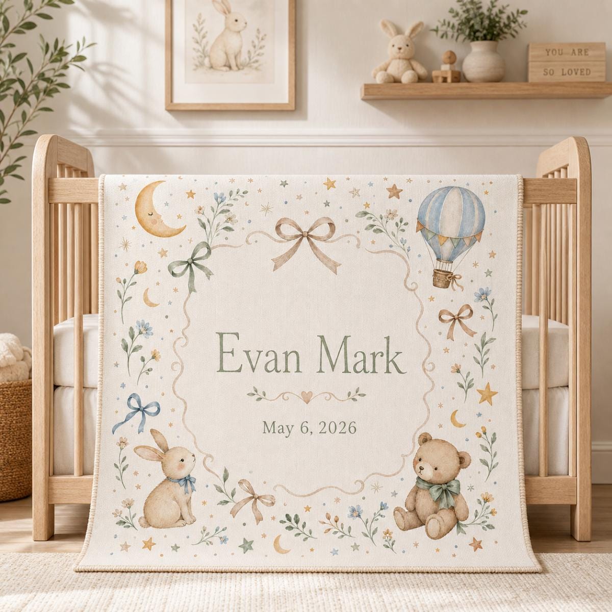 Nursery Moon & Hot Air Balloon Woven Blanket | Personalized Baby Name