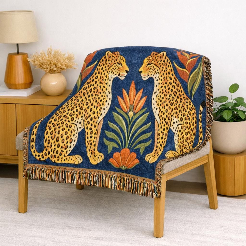 Two Sitting Leopards Woven Blanket | Botanical Motif, Tapestry Throw