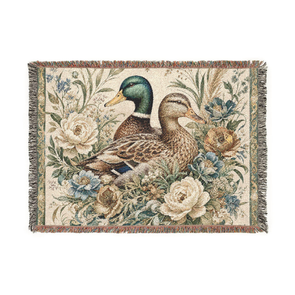 Mallard Duck floral tapestry Woven Blanket | Vintage Bird Throw Blanket