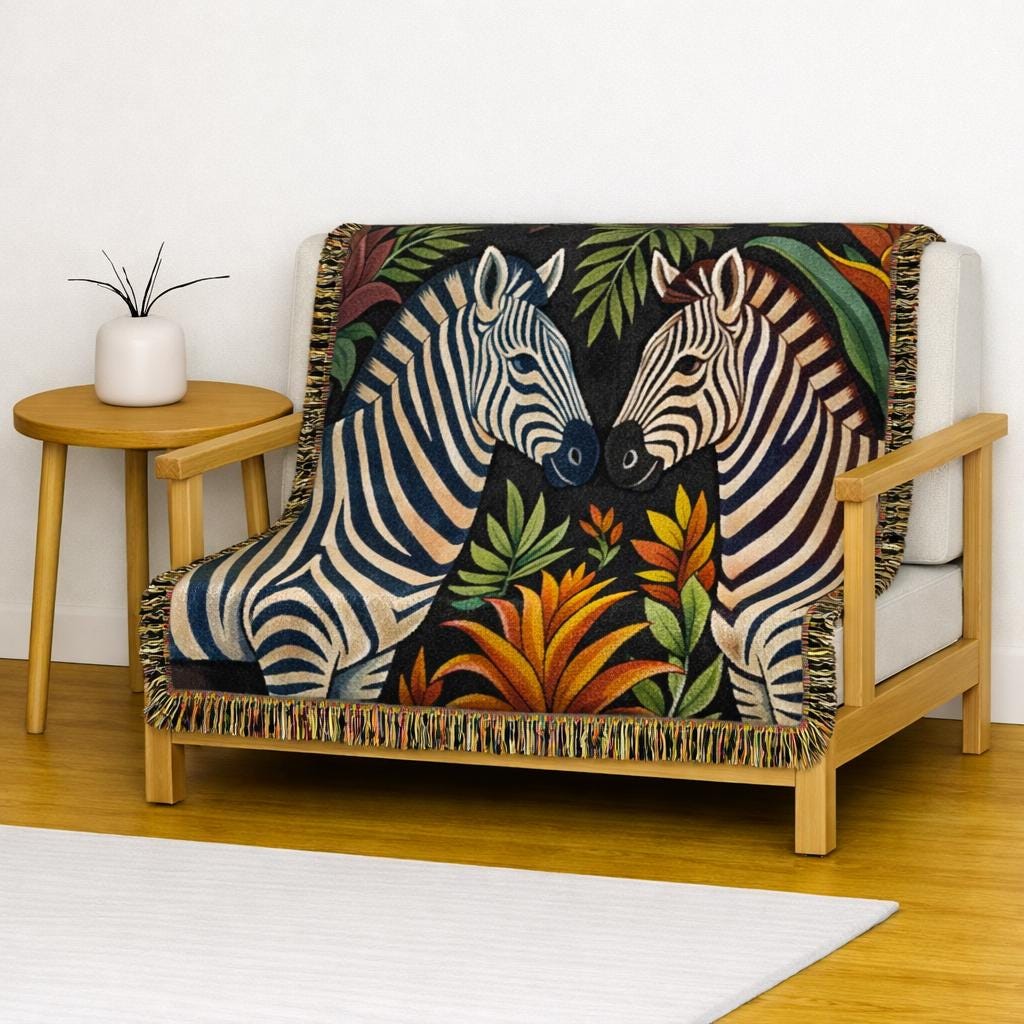 Zebra Floral Illustration Woven Blanket | Tropical Safari Tapestry Throw