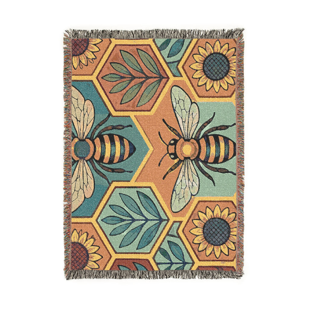 Bee and Sunflower Hexagon Woven Blanket | Honeybee Tapestry Throw