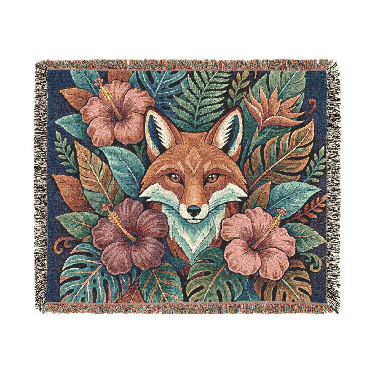 Floral Fox Woven Blanket | Fox Face Tapestry Throw, Botanical Woodland Decor