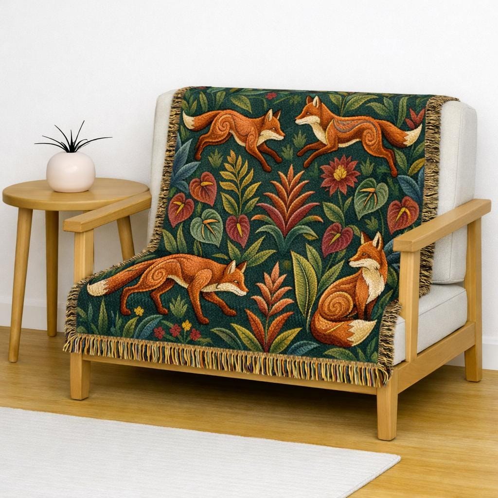 Woodland Foxes Woven Blanket | Tapestry Floral Forest Throw