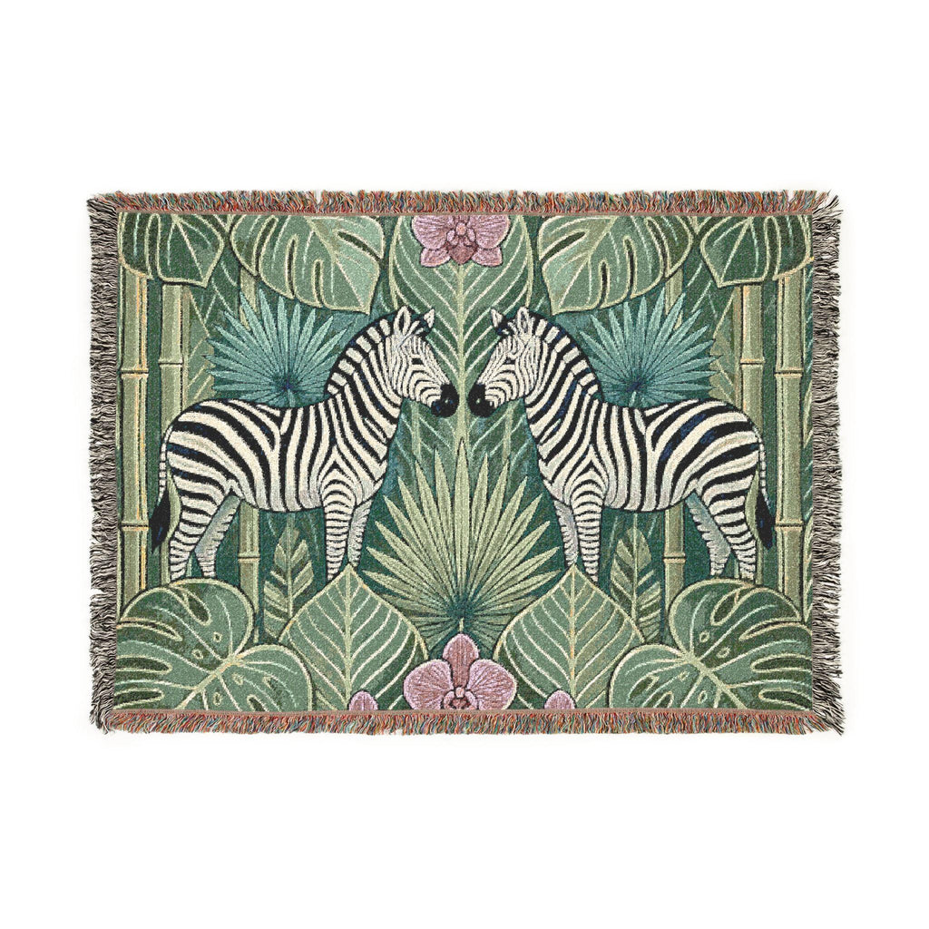 Art Deco Zebra Tapestry Woven Blanket | Jungle Palm Motif