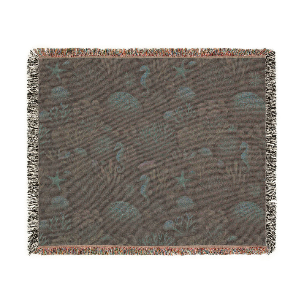 Underwater Coral Reef Woven Blanket | Seahorses, Starfish, Ocean Tapestry Throw