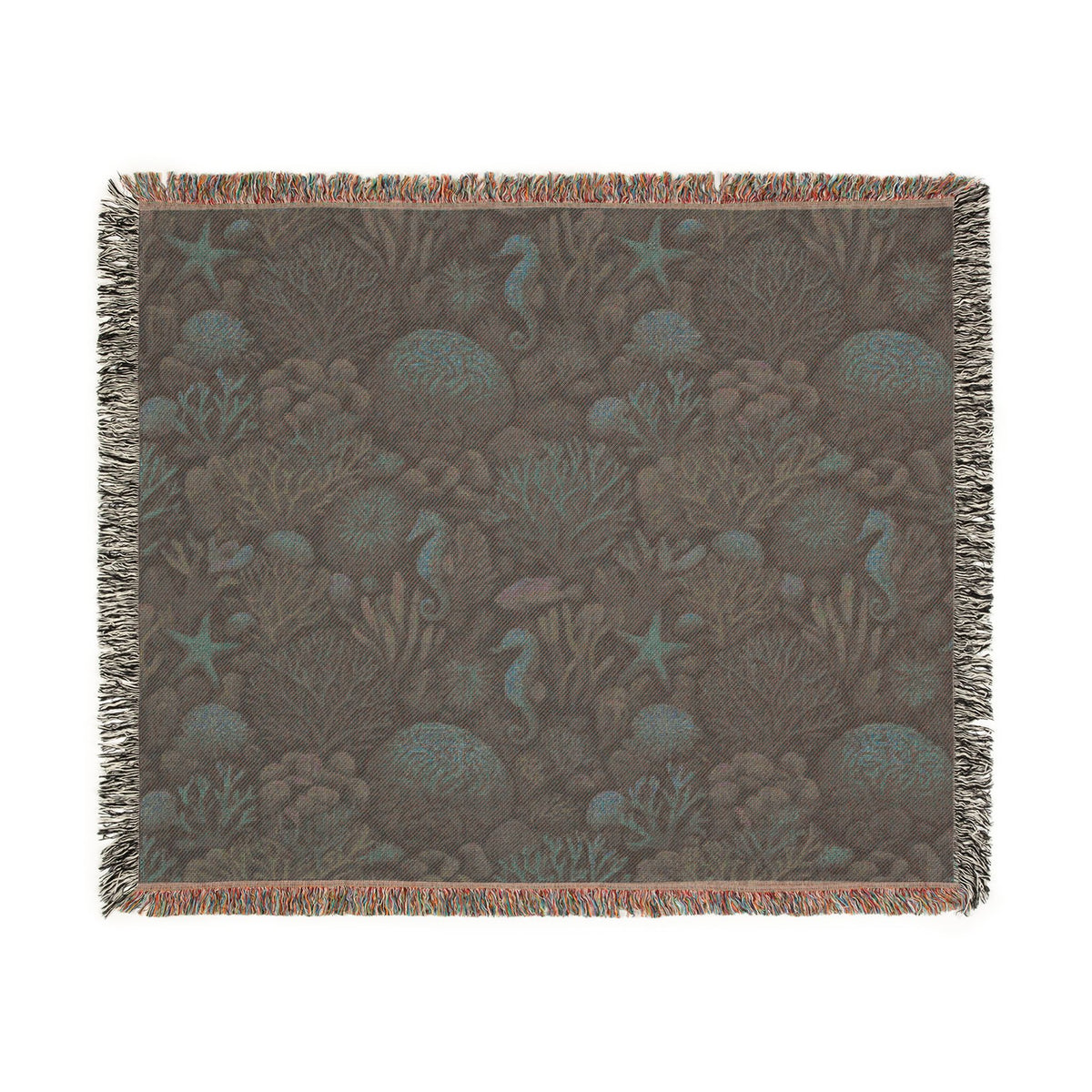 Underwater Coral Reef Woven Blanket | Seahorses, Starfish, Ocean Tapestry Throw