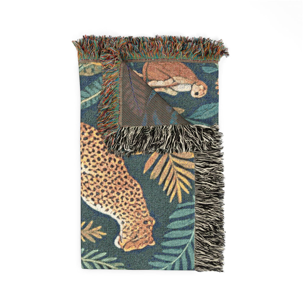Tropical Leopard Jungle Woven Blanket | Botanical Throw, Tapestry Style