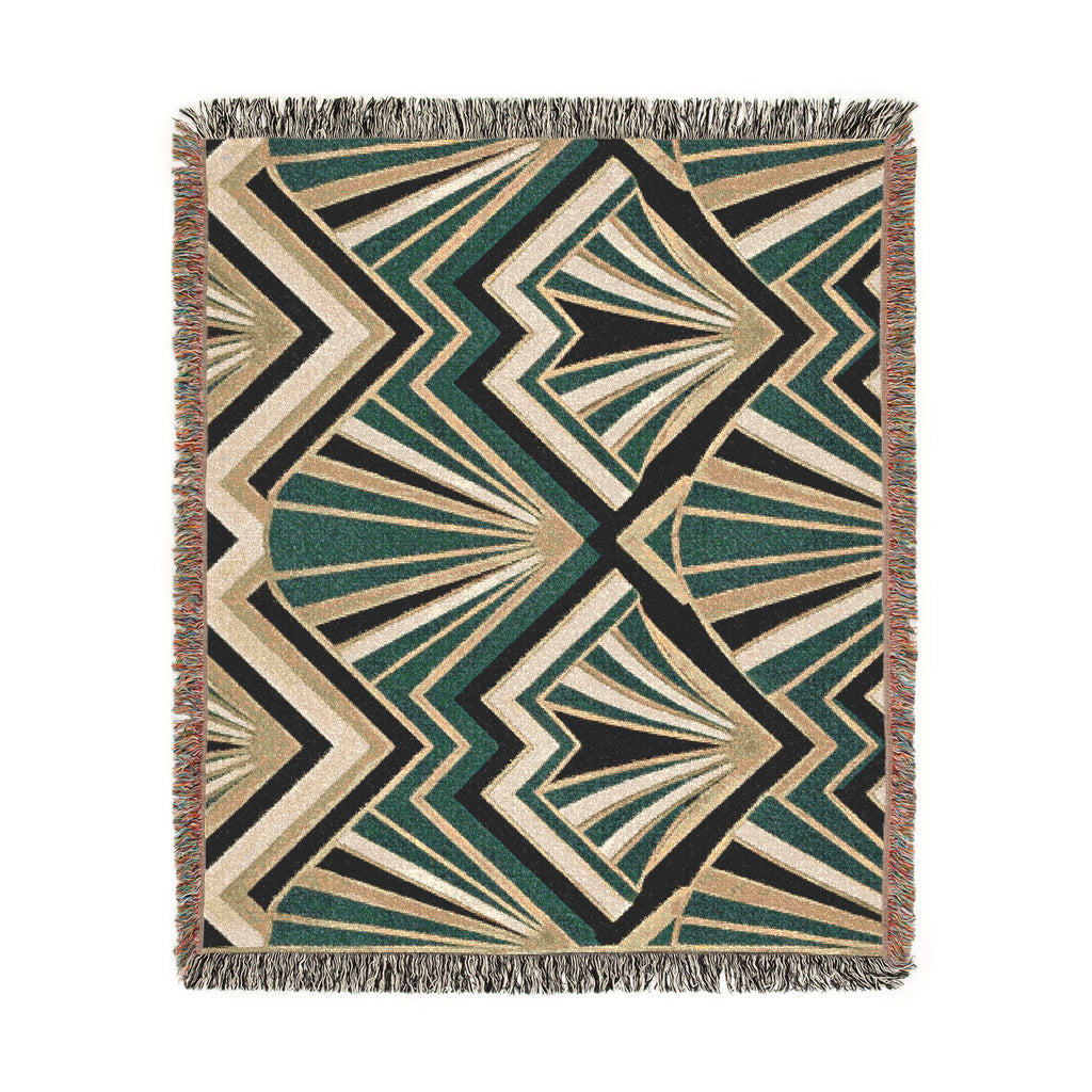 Art Deco Fan Pattern Woven Blanket | Geometric Throw, Retro Chevron Design