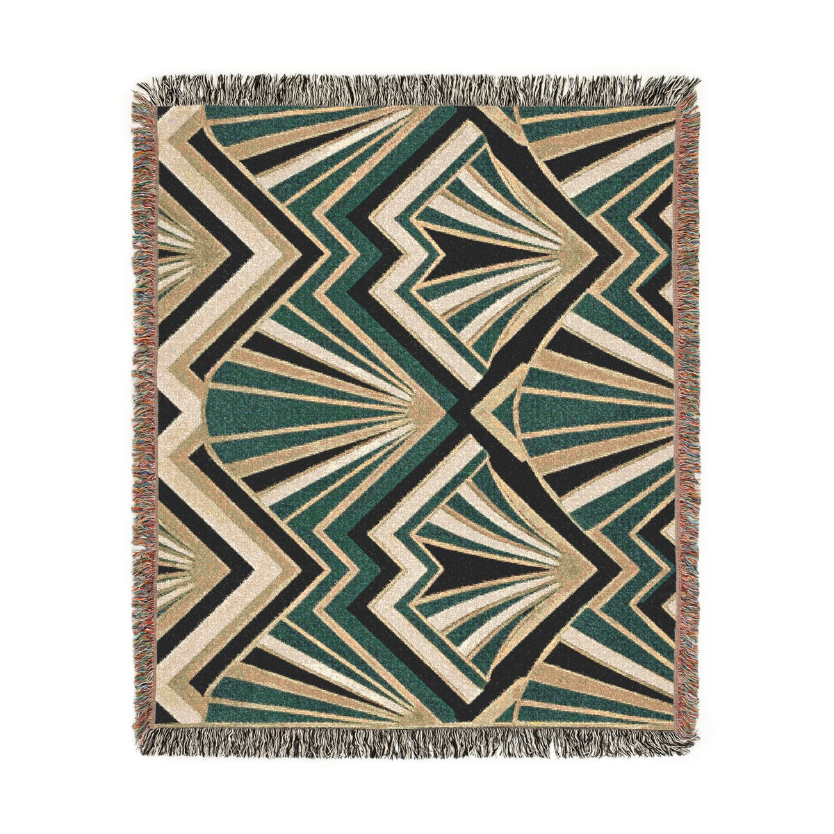 Art Deco Fan Pattern Woven Blanket | Geometric Throw, Retro Chevron Design