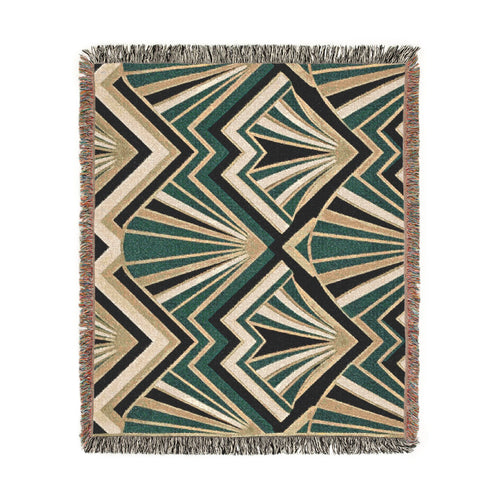 Art Deco Fan Pattern Woven Blanket | Geometric Throw, Retro Chevron Design