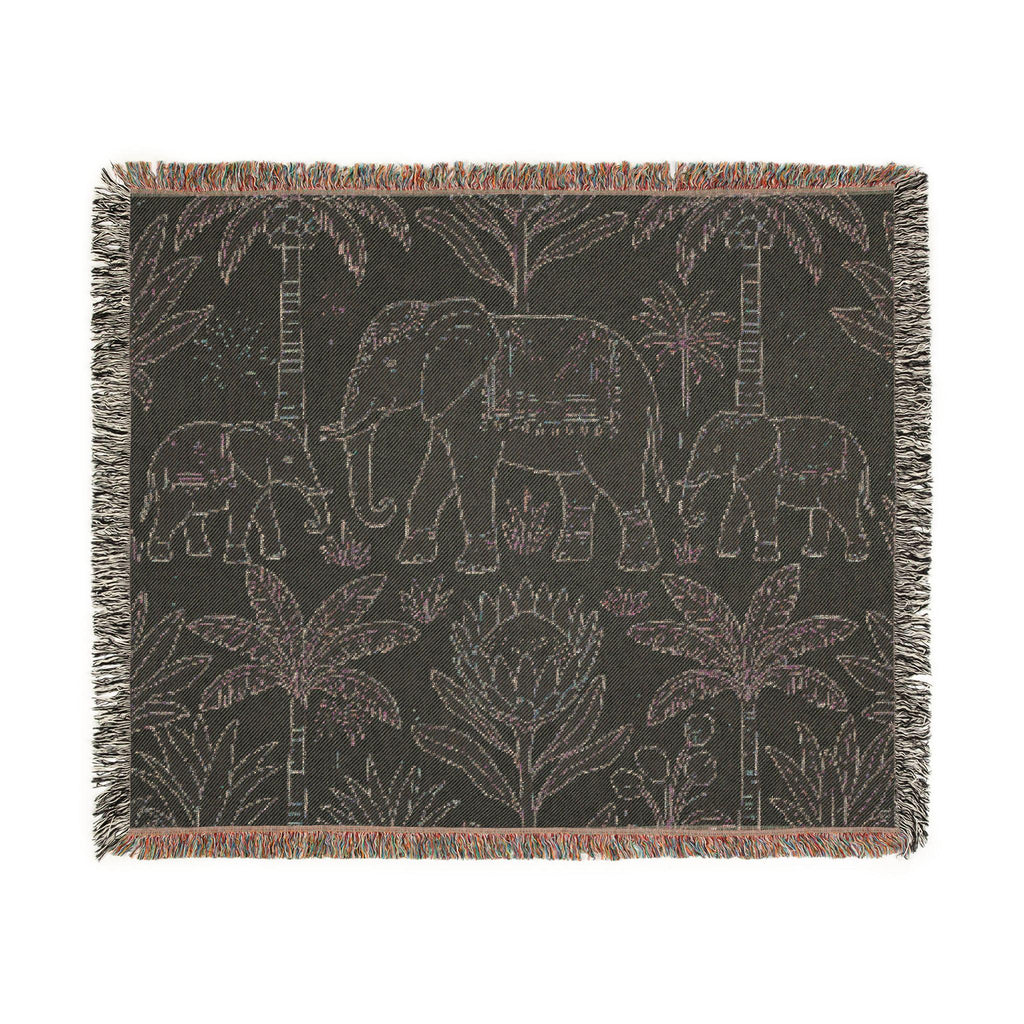 Boho Elephant Family Woven Blanket | Tropical Palm Tapestry Throw