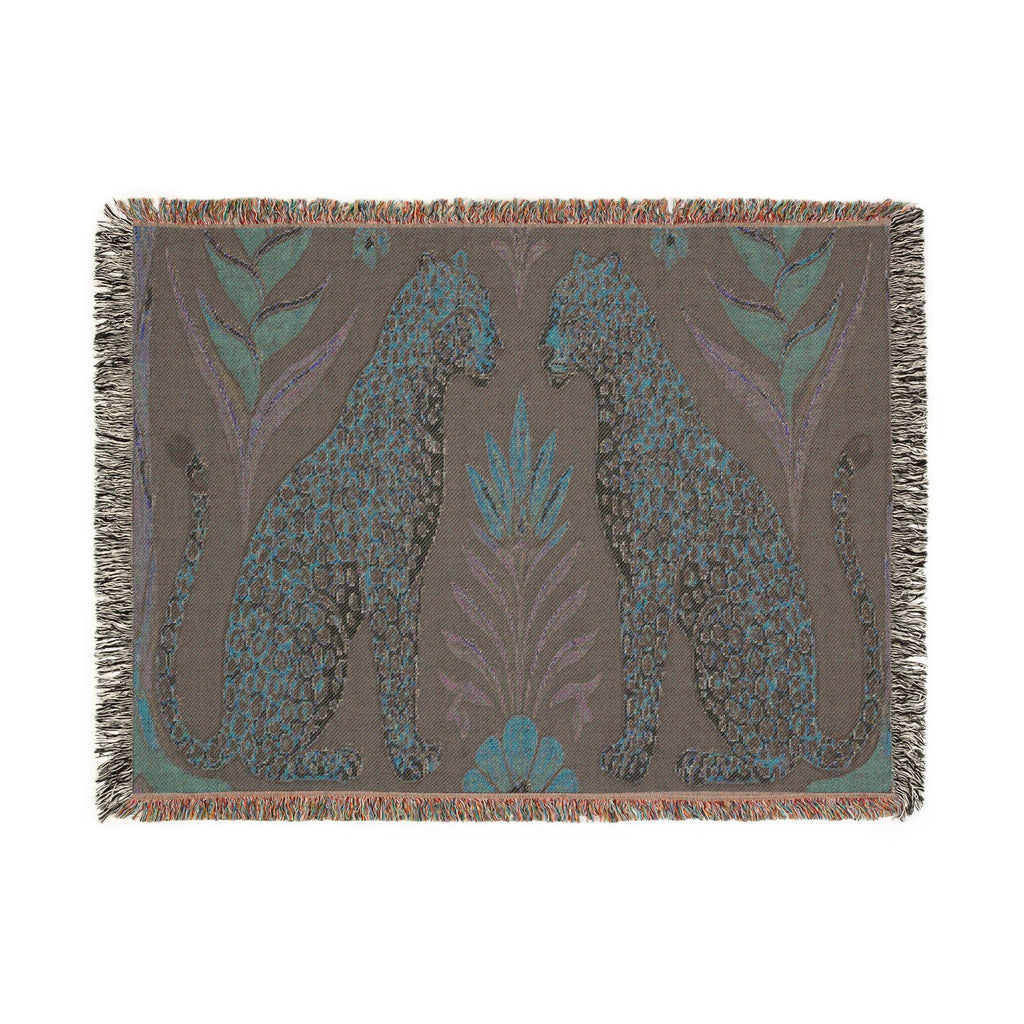 Two Sitting Leopards Woven Blanket | Botanical Motif, Tapestry Throw