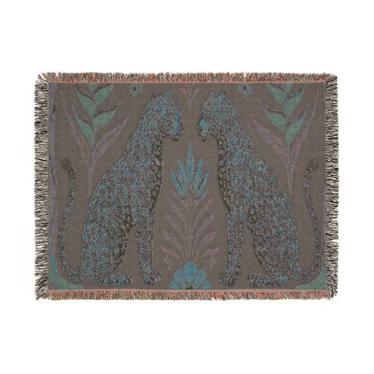Two Sitting Leopards Woven Blanket | Botanical Motif, Tapestry Throw
