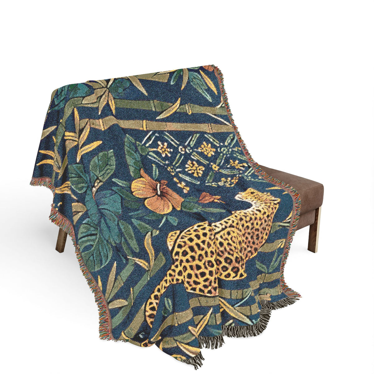 Golden Leopard Floral Woven Blanket | Tropical Bamboo Throw