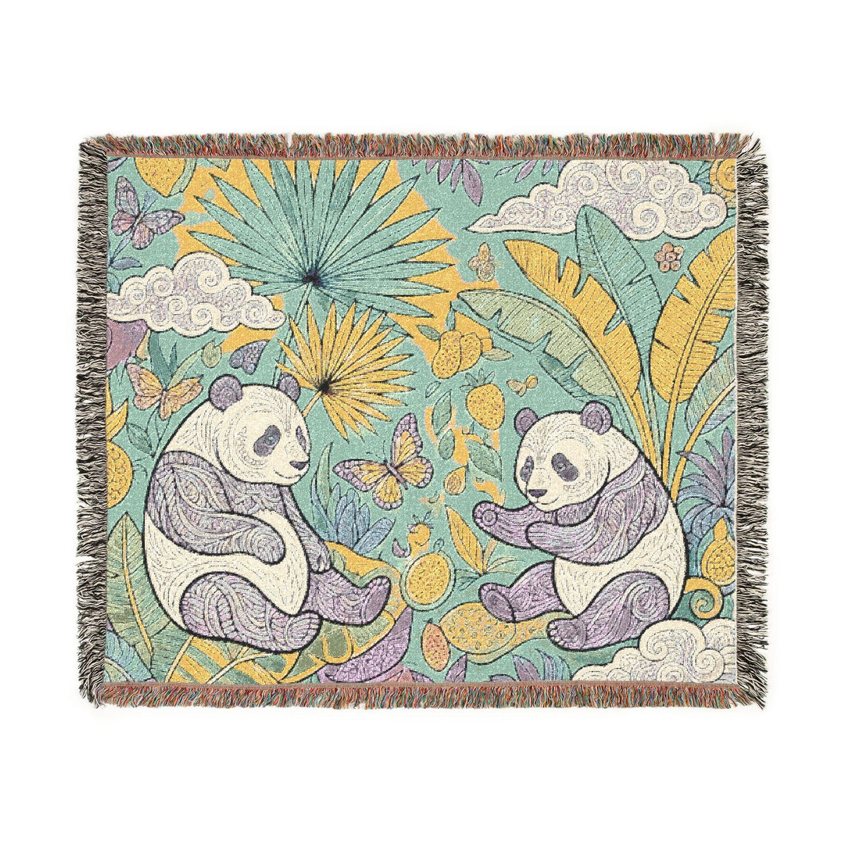 Panda Floral Tapestry Woven Blanket | Jungle Leaves, Sunflower Motif