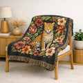 Floral Leopard Tapestry Woven Blanket | Vintage Botanical Cat Motif