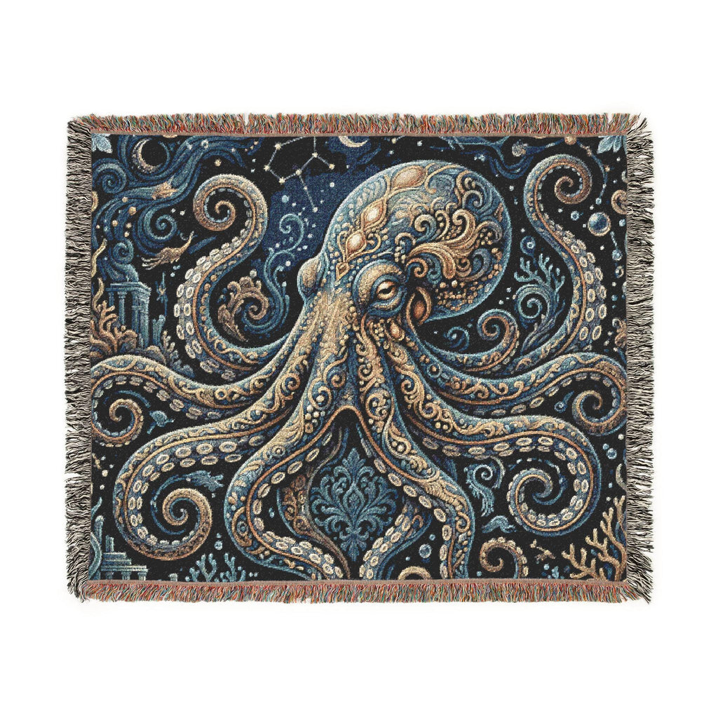 Vintage Octopus Tapestry Woven Blanket | Nautical Sea Creature Throw