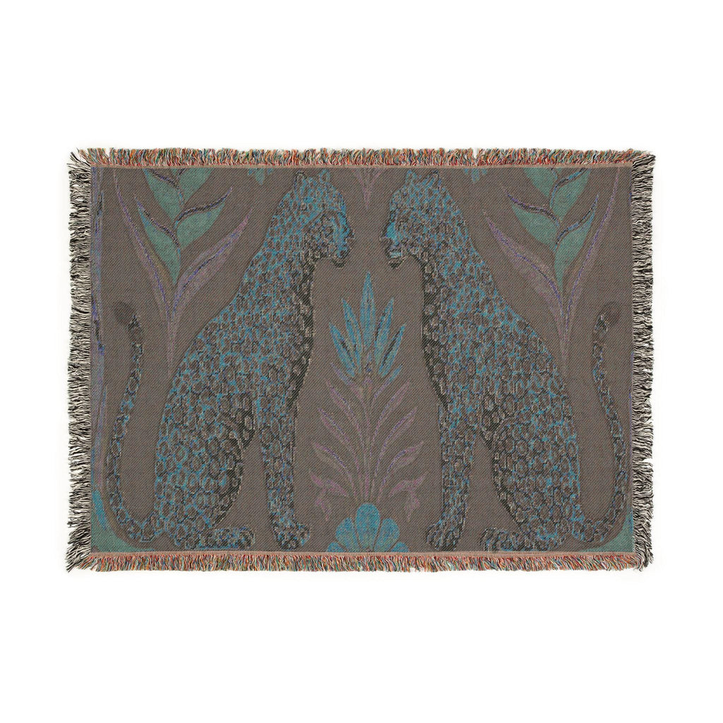 Two Sitting Leopards Woven Blanket | Botanical Motif, Tapestry Throw