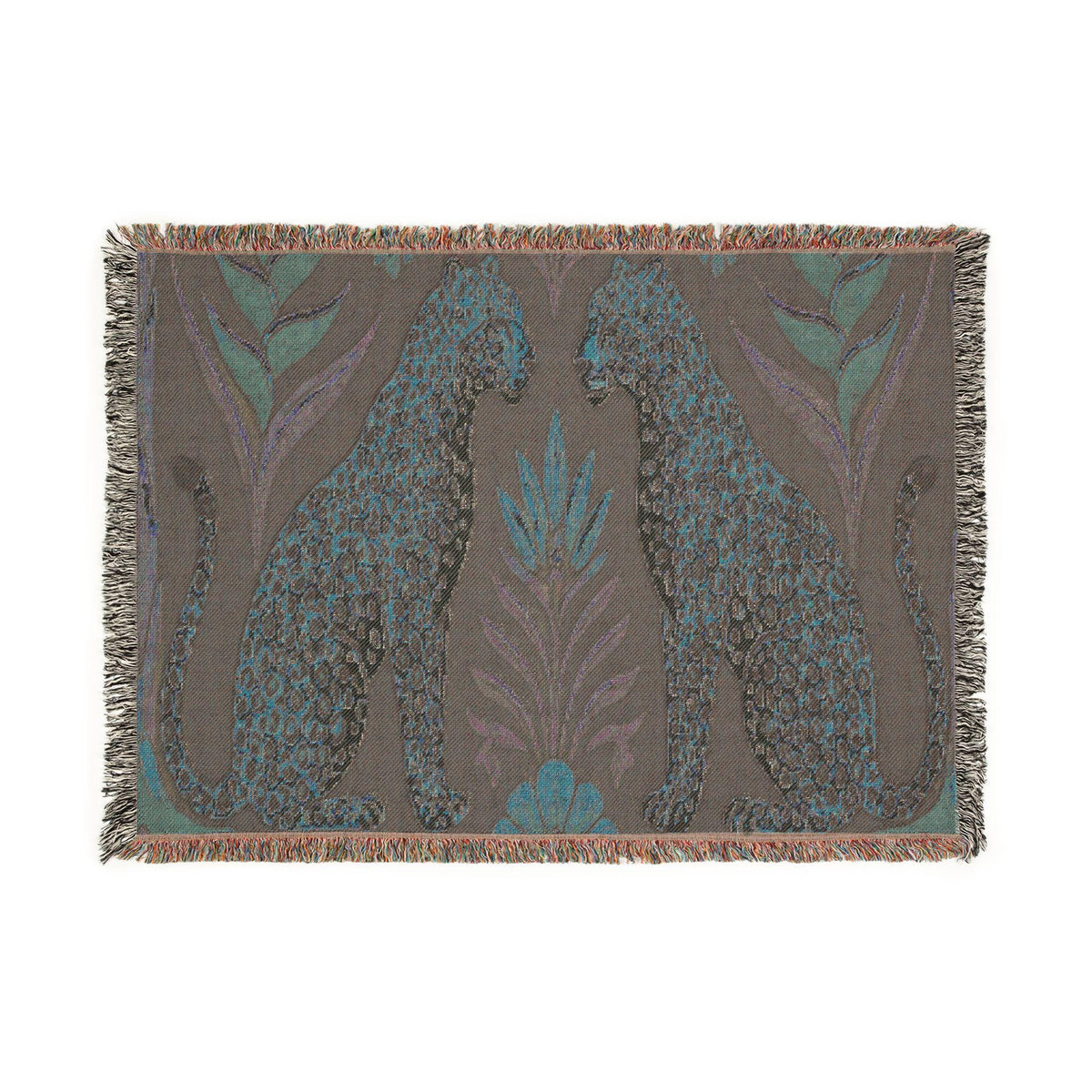 Two Sitting Leopards Woven Blanket | Botanical Motif, Tapestry Throw