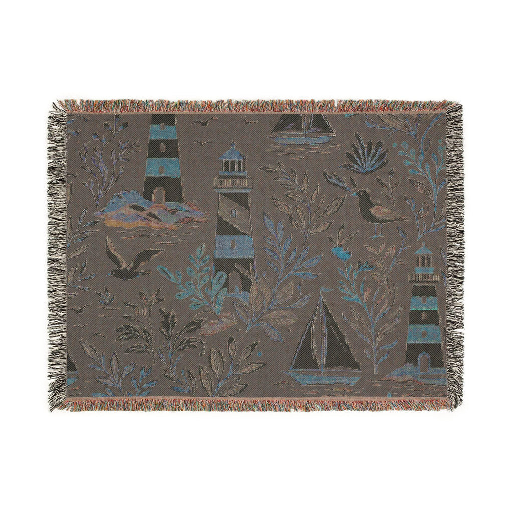 Nautical Lighthouse Sailboat Woven Blanket | Coastal Ocean Throw