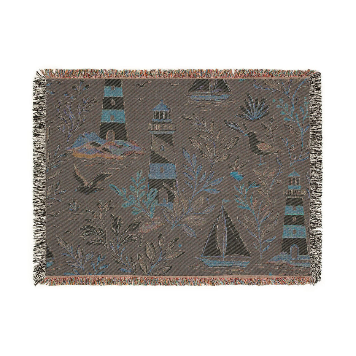 Nautical Lighthouse Sailboat Woven Blanket | Coastal Ocean Throw