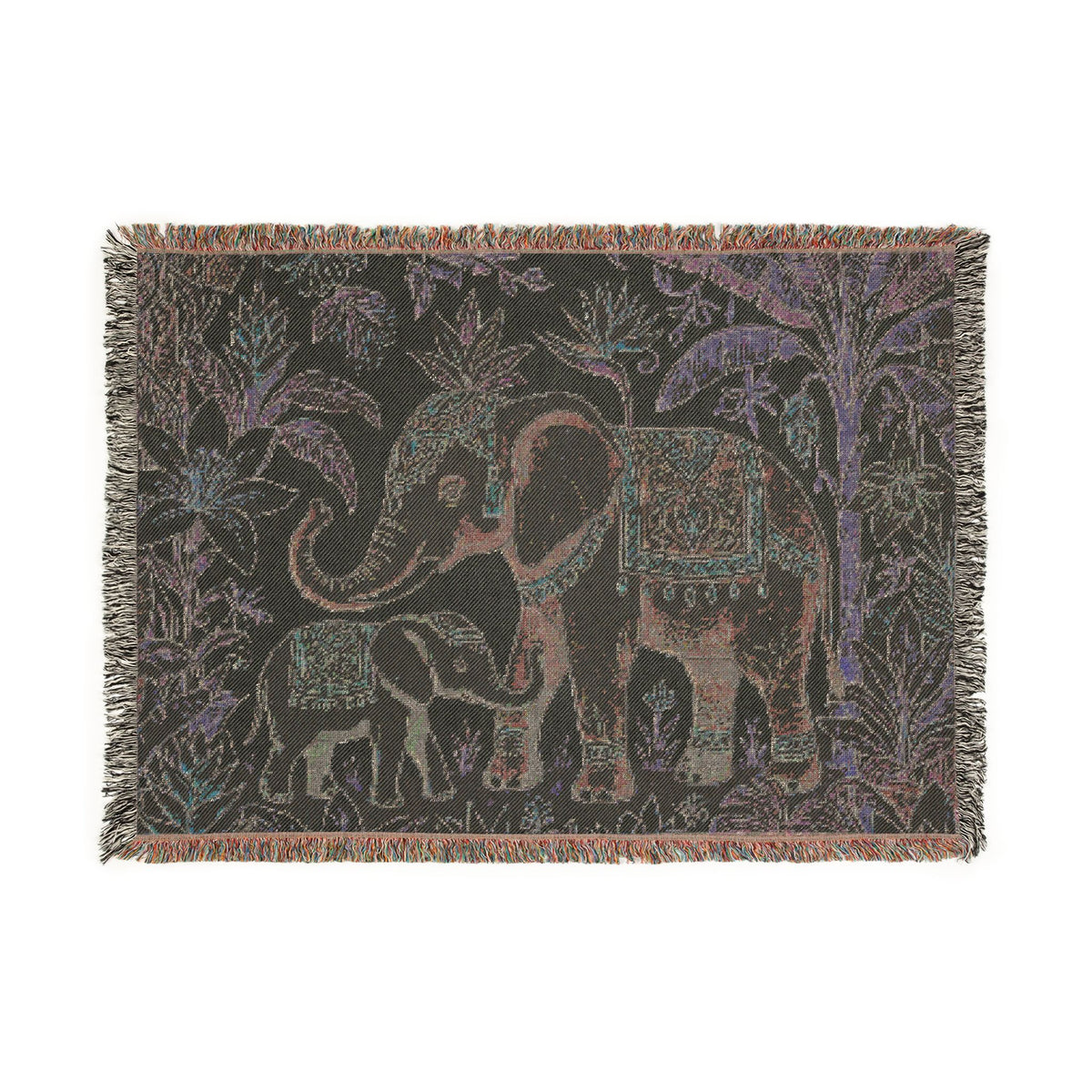 Boho Elephant Family Woven Blanket | Tapestry Throw, Jungle Floral