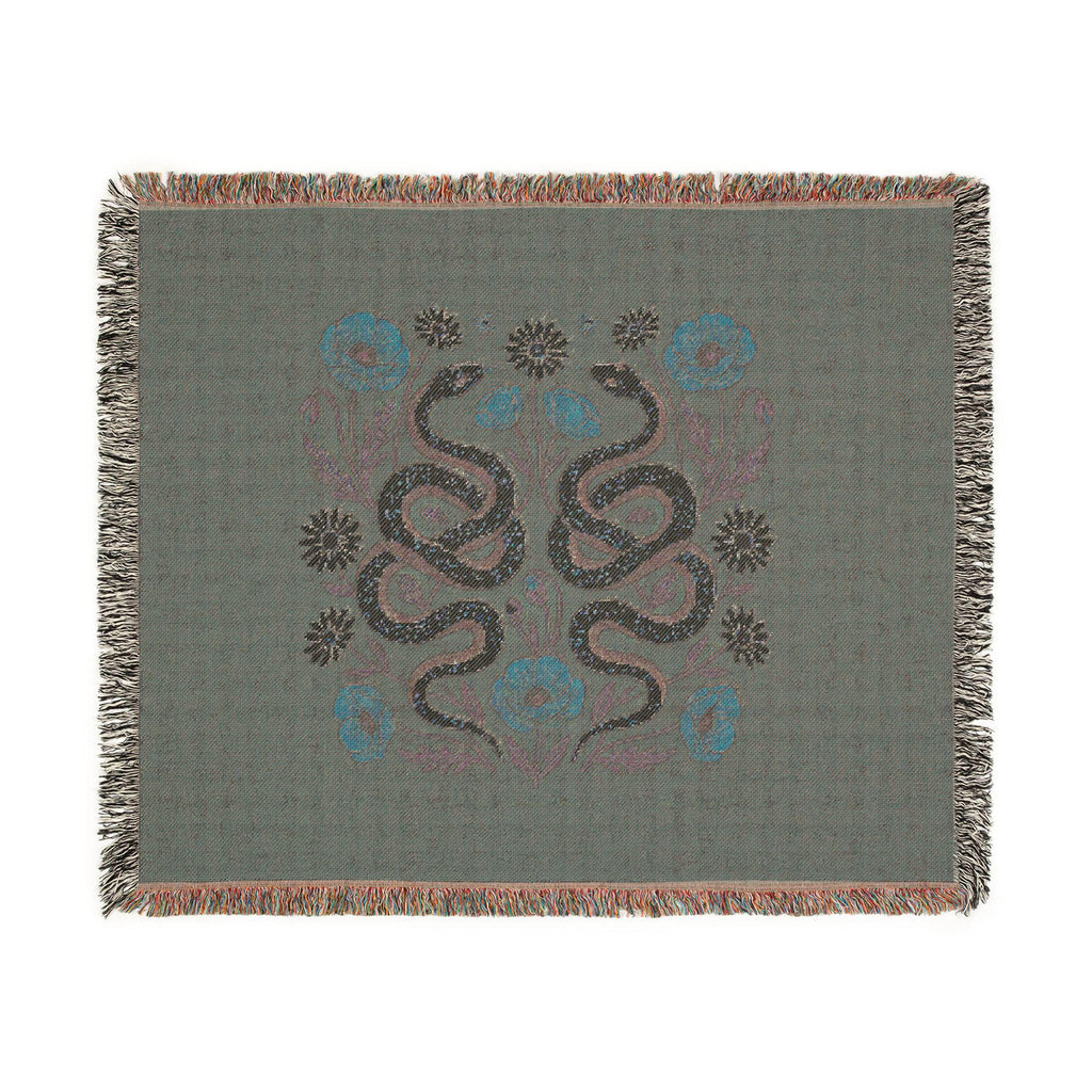 Floral Snakes Woven Blanket | Botanical Serpent Throw, Boho Tapestry