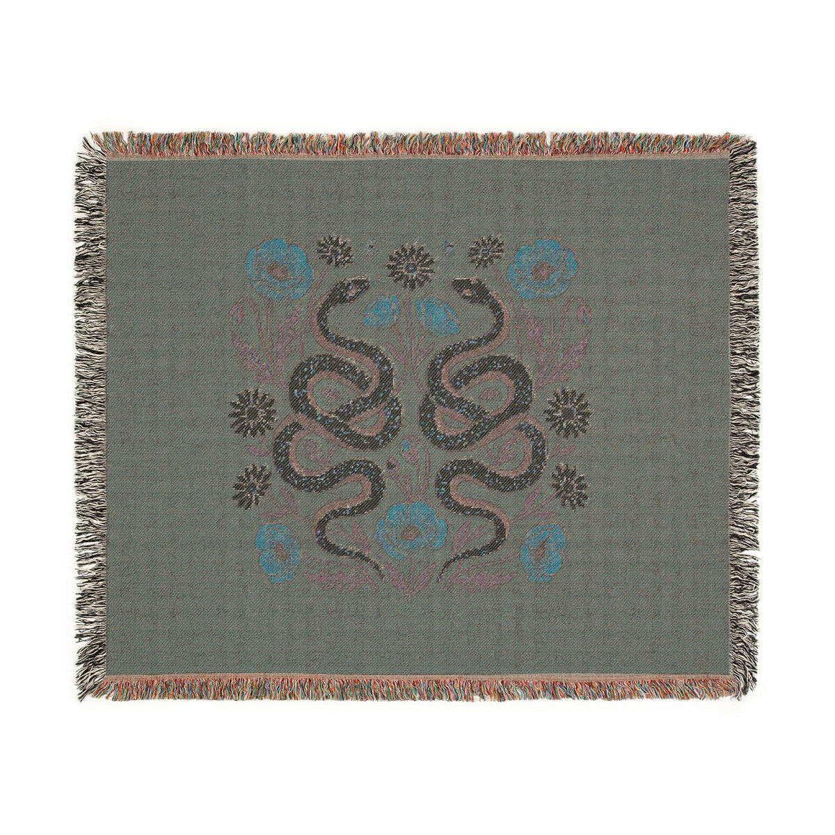 Floral Snakes Woven Blanket | Botanical Serpent Throw, Boho Tapestry