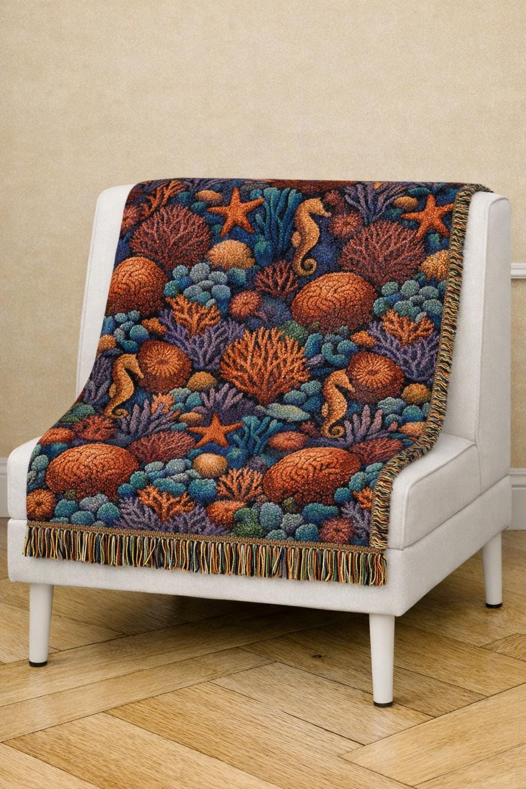 Underwater Coral Reef Woven Blanket | Seahorses, Starfish, Ocean Tapestry Throw