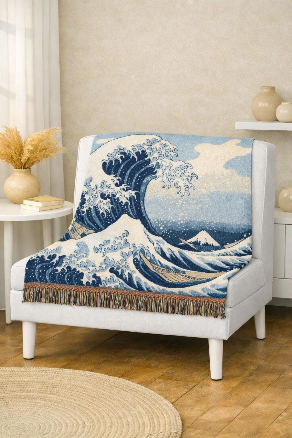 Wave Woven Blanket | Hokusai Inspired Ocean Tapestry Throw